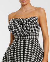Black and White Strapless Boucle Mini Dress With Bow